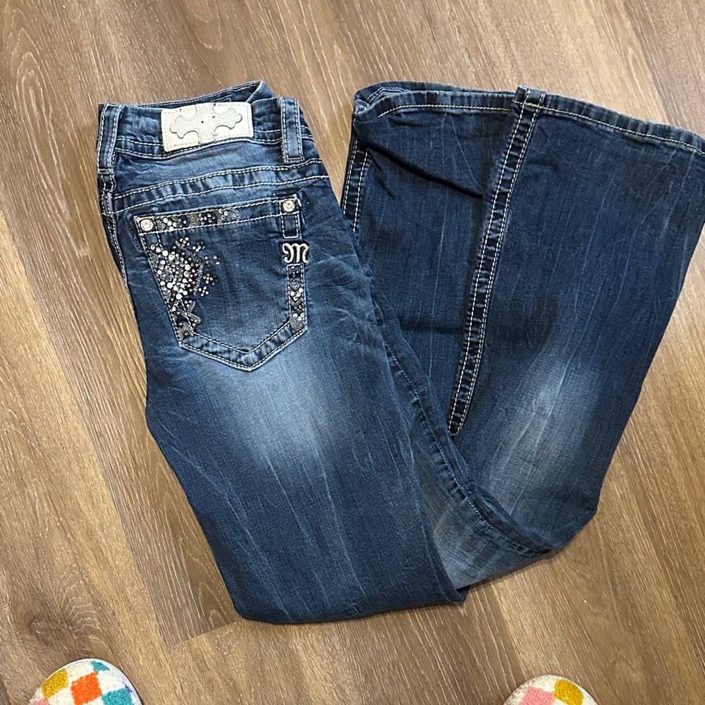 Miss Me Dark Blue Boot Cut Jeans with Embellished Pockets